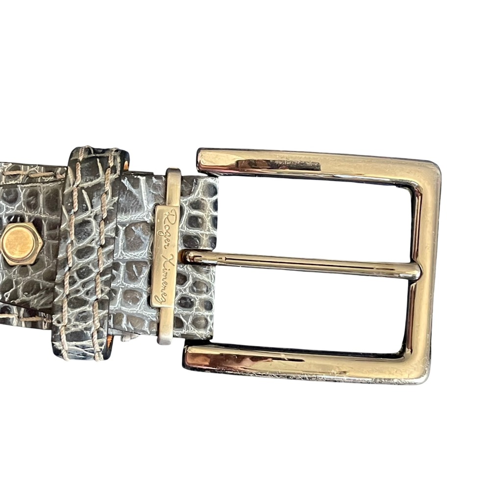 Roger Ximenez Grey Crocodile Embossed Italian Calf Leather Belt Solid Brass 34